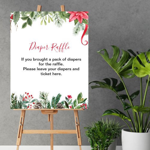 Diaper Raffle Game Winter Red Poinsettia Pinecones Poster