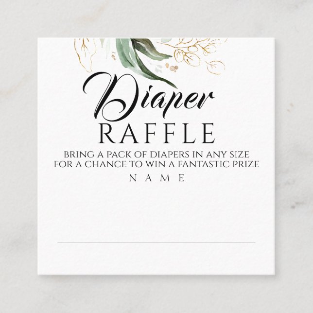 Diaper Raffle Gold Greenery Baby Shower Square Business Card (Front)