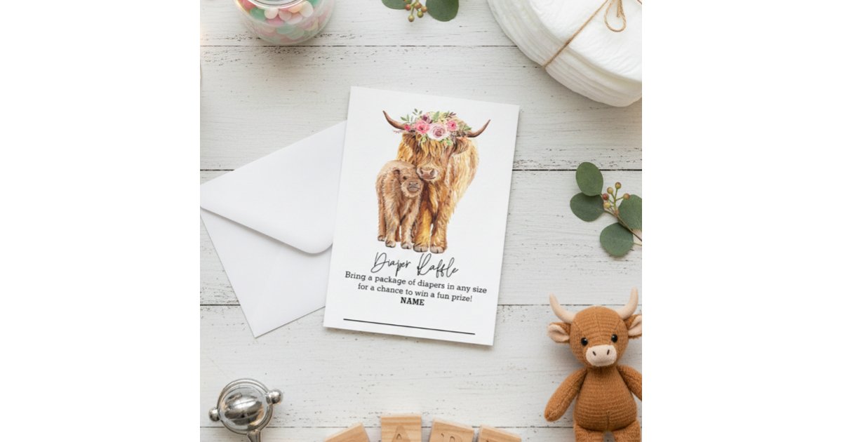 Nappy Raffle Highlander Diaper Raffle Highland Cow Floral Enclosure Card | Zazzle