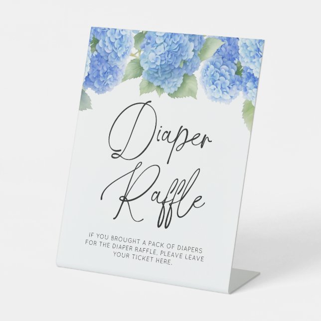 Diaper Raffle Hydrangea Blue Flowers Baby Shower Pedestal Sign (Front)