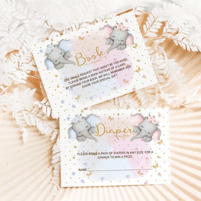 Diaper Raffle Pink Blue Floral Elephant Enclosure Card (Creator Uploaded)