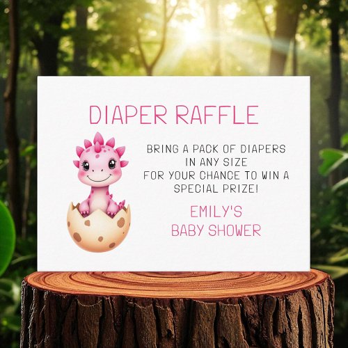 Diaper Raffle Pink Dinosaur Watercolor Baby Shower Enclosure Card by Pretty Girly Designs