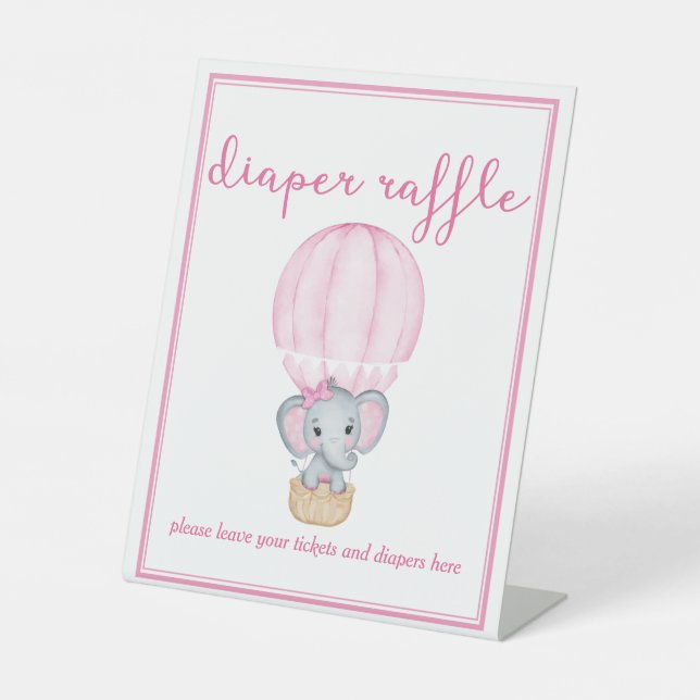Diaper Raffle Pink Elephant Baby Girl Shower Pedestal Sign (Front)