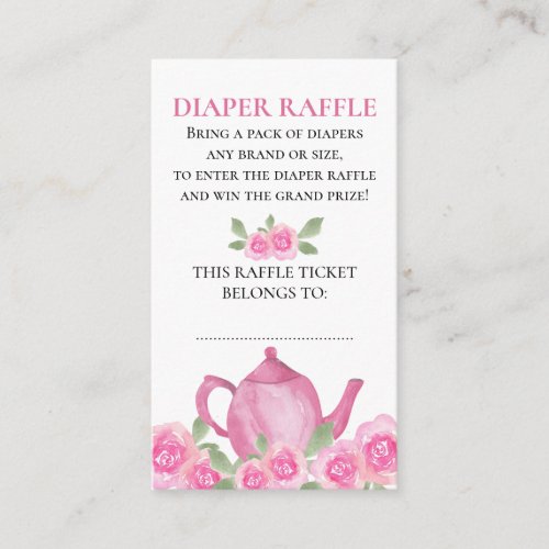 Diaper Raffle Pink Floral Teapot Baby Shower Enclosure Card