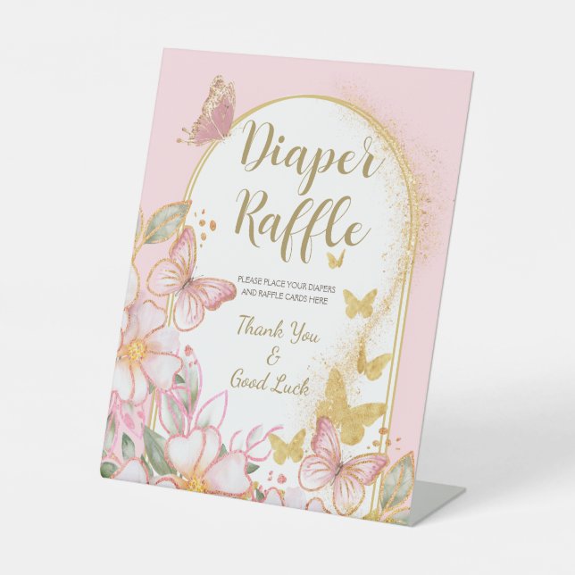 Diaper Raffle | Pink Girl Butterfly Baby Shower Pedestal Sign (Front)