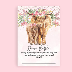Diaper Raffle Pink Girl Highland Cow Floral  Enclosure Card