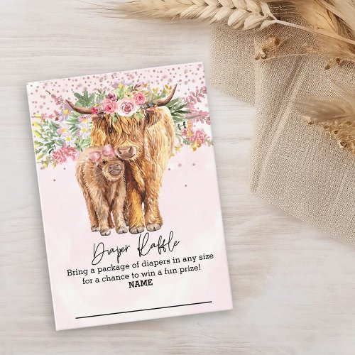 Diaper Raffle Pink Girl Highland Cow Floral  Enclosure Card