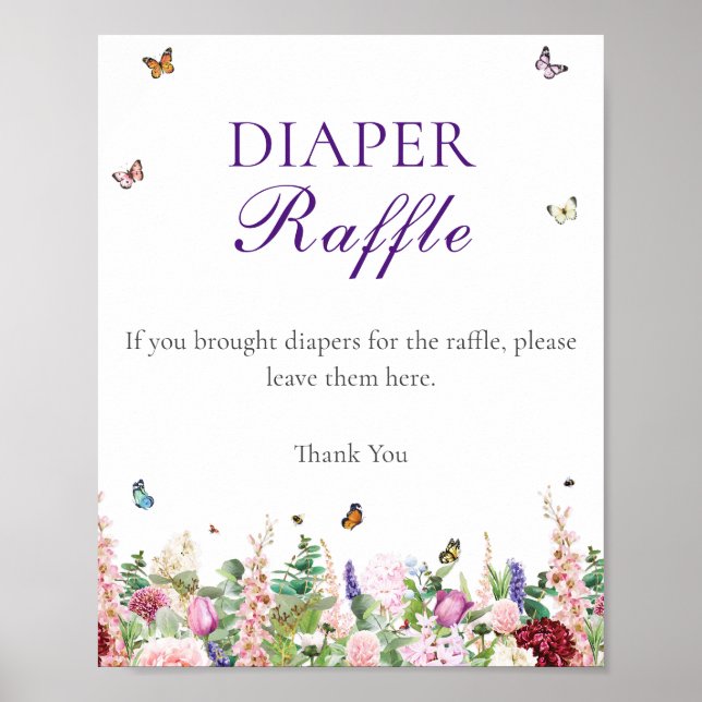 Diaper Raffle | Pink Purple Flowers & Butterflies Poster (Front)