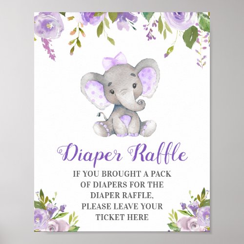 Diaper Raffle Purple Elephant Baby Girl Shower Poster