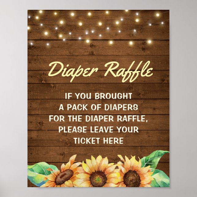 Diaper Raffle Rustic Yellow Sunflower Baby Shower Poster (Front)