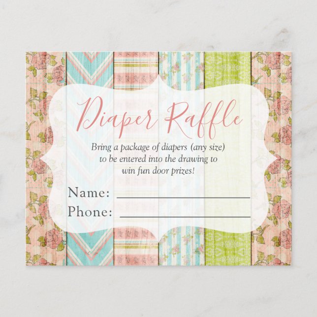 Diaper Raffle Shabby Roses Baby Shower Entry Card Flyer (Front)