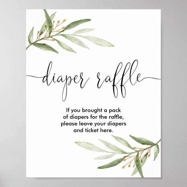 Diaper raffle sign baby shower greenery gold (Front)