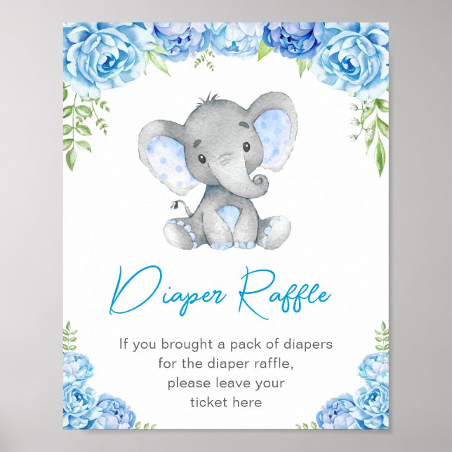 Diaper Raffle Sign Blue Elephant Baby Boy Shower (Front)
