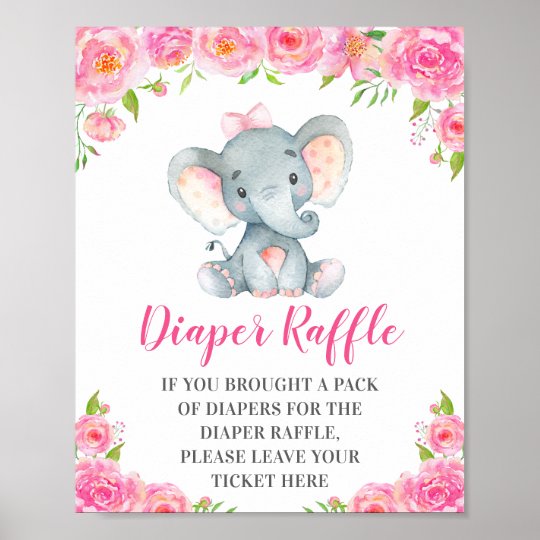 Diaper Raffle Sign Pink Elephant Baby Girl Shower