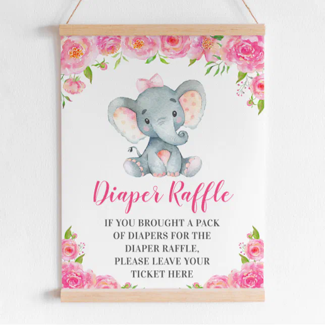 Diaper Raffle Sign Pink Elephant Baby Girl Shower | Zazzle