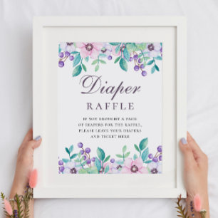 Diaper Raffle sign. Purple floral baby shower game Poster