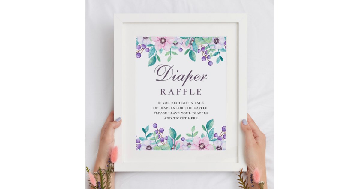 Diaper Raffle sign. Purple floral baby shower game Poster | Zazzle