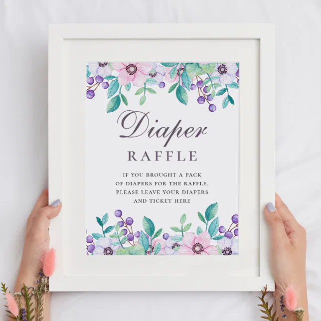 Diaper Raffle sign. Purple floral baby shower game Poster | Zazzle