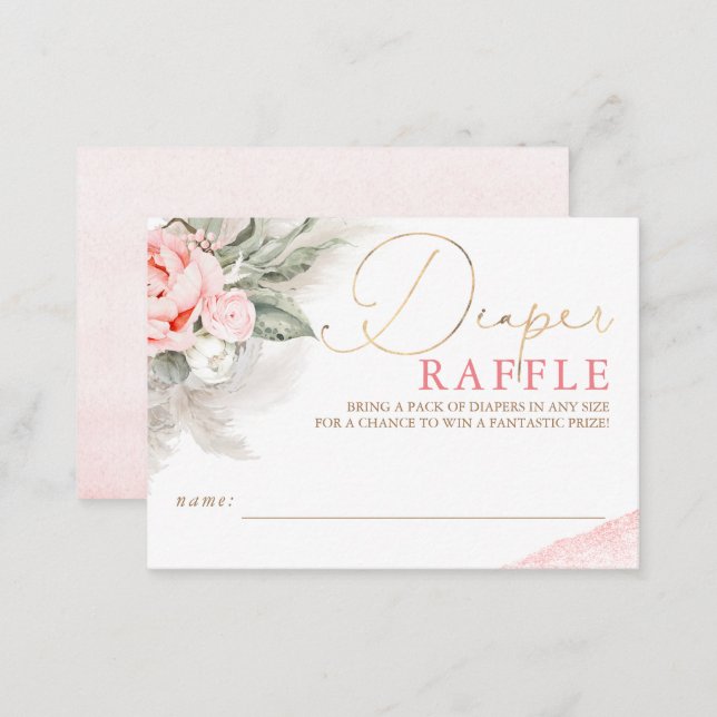 Diaper Raffle Soft Pink Floral Baby Shower Ticket Enclosure Card (Front/Back)