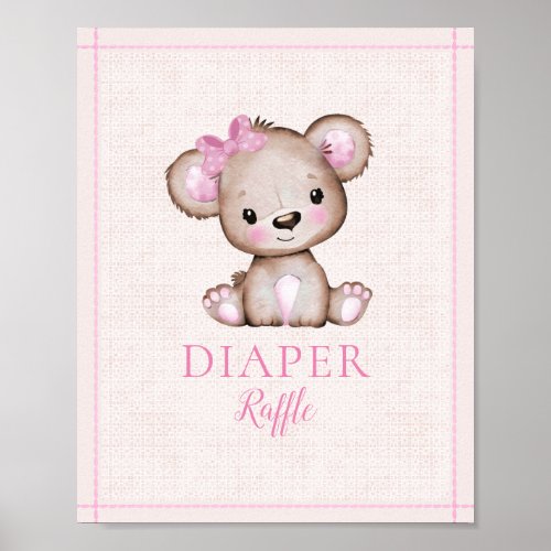 Diaper Raffle Table Cute Girl Bear Baby Shower Poster