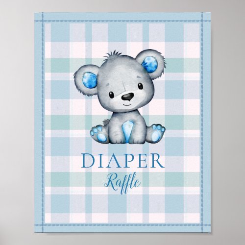 Diaper Raffle Table Cute Gray Bear Baby Shower Poster