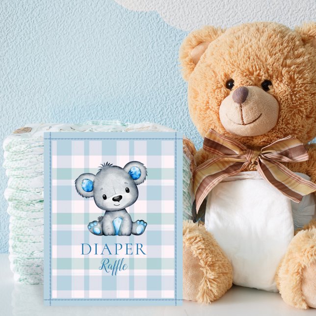 Diaper Raffle Table Cute Gray Bear Baby Shower Poster (Creator Uploaded)