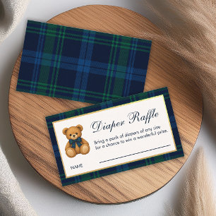 Diaper Raffle Teddy Bear Baby Shower Blue Plaid Business Card