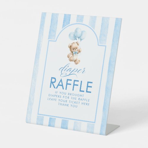 Diaper Raffle Teddy Bear Blue Stripes Baby Shower Pedestal Sign