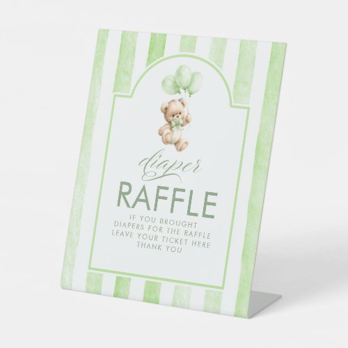 Diaper Raffle Teddy Bear Green Stripes Baby Shower Pedestal Sign