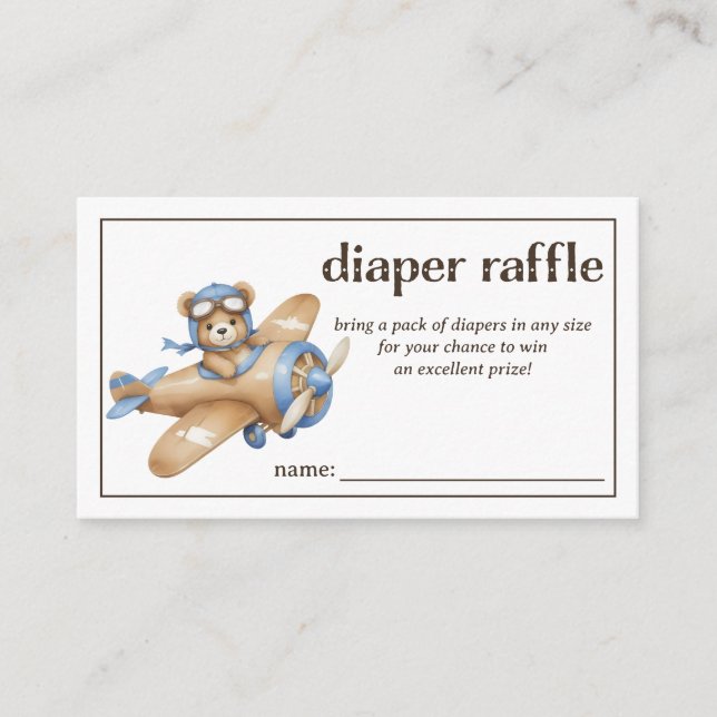 Diaper Raffle Teddy Bear Pilot Baby Boy Shower Enclosure Card (Front)