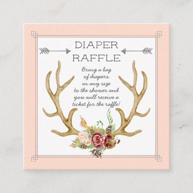 Diaper Raffle Ticket Boho Deer Antlers Blush Roses (Front)