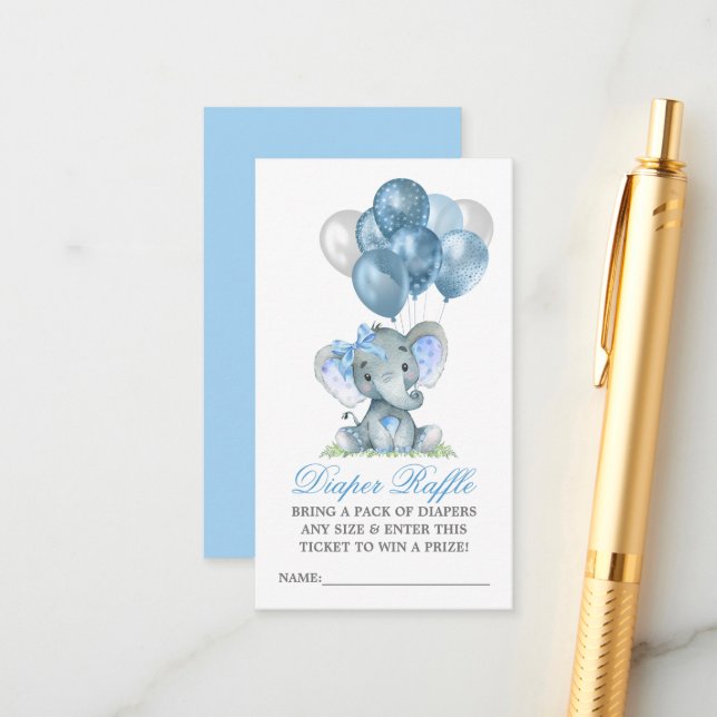 Diaper Raffle Watercolor Elephant Bow Balloons Enclosure Card (Front/Back In Situ)