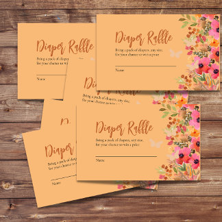 Diaper raffle watercolor peach pink garden blooms enclosure card