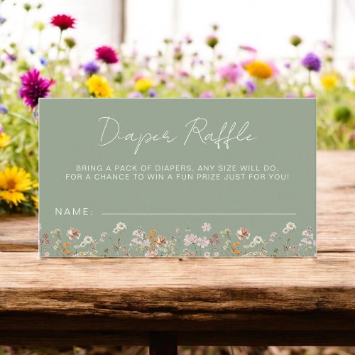Diaper Raffle Wildflower Sage Green Baby Shower Enclosure Card by Pretty Girly Designs
