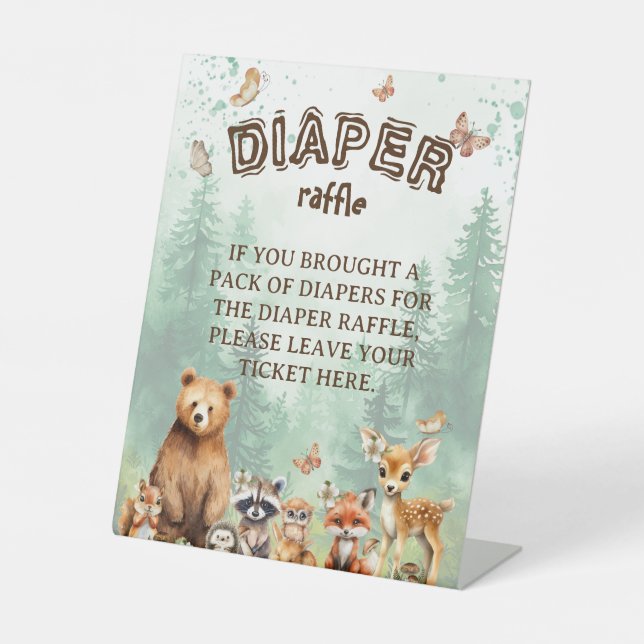 Diaper Raffle Woodland animals baby shower Pedestal Sign (Front)