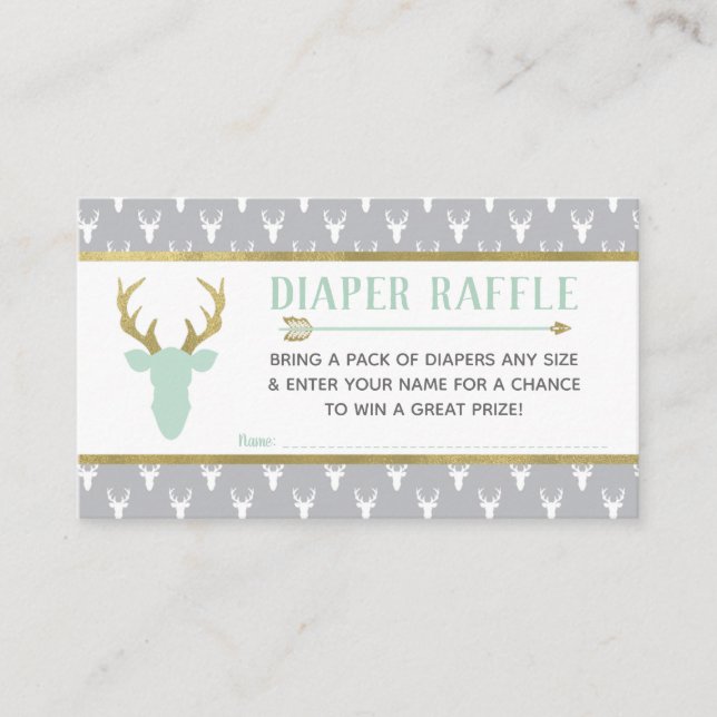 Diaper Raffle, Woodland Deer, Mint, Gray, Gold Enclosure Card (Front)