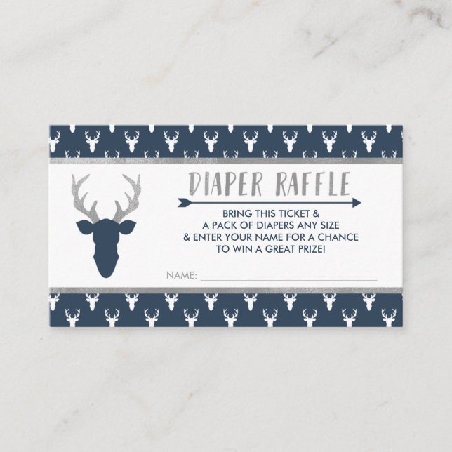 Diaper Raffle, Woodland Deer, Navy Blue, Silver Enclosure Card (Front)