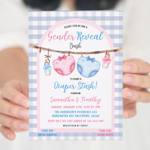 Diaper Stash Boy or Girl Gingham Gender Reveal Invitation