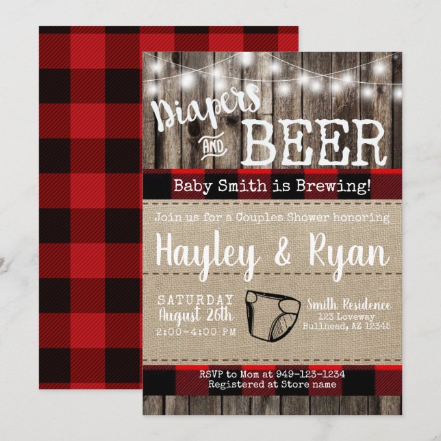 Diapers & Beer Buffalo Plaid Baby Couples Shower Invitation (Front/Back)