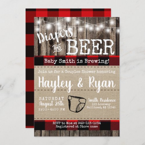 Diapers  Beer Buffalo Plaid Baby Couples Shower Invitation