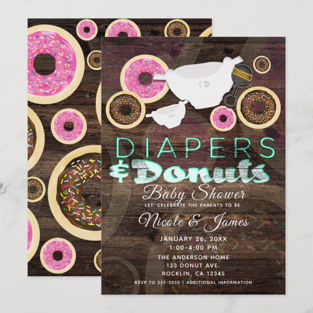 Diapers & Donuts Rustic Wood Party Baby Shower Invitation (Front/Back)
