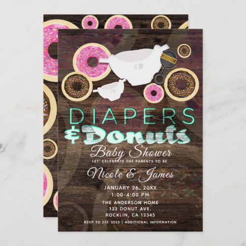 Diapers  Donuts Rustic Wood Party Baby Shower Invitation
