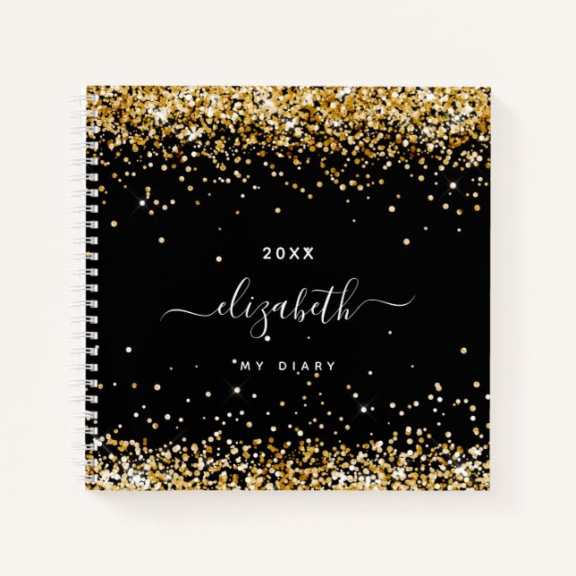 Diary black gold confetti name script notebook (Front)
