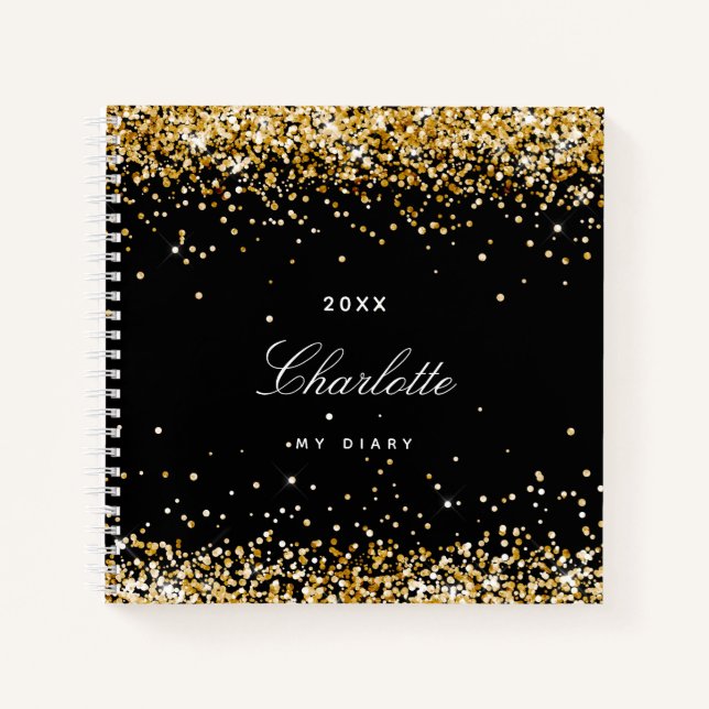 Diary black gold confetti name script notebook (Front)