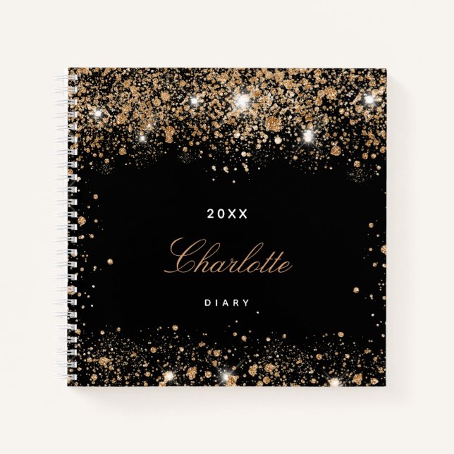 Diary black gold glitter name script notebook (Front)