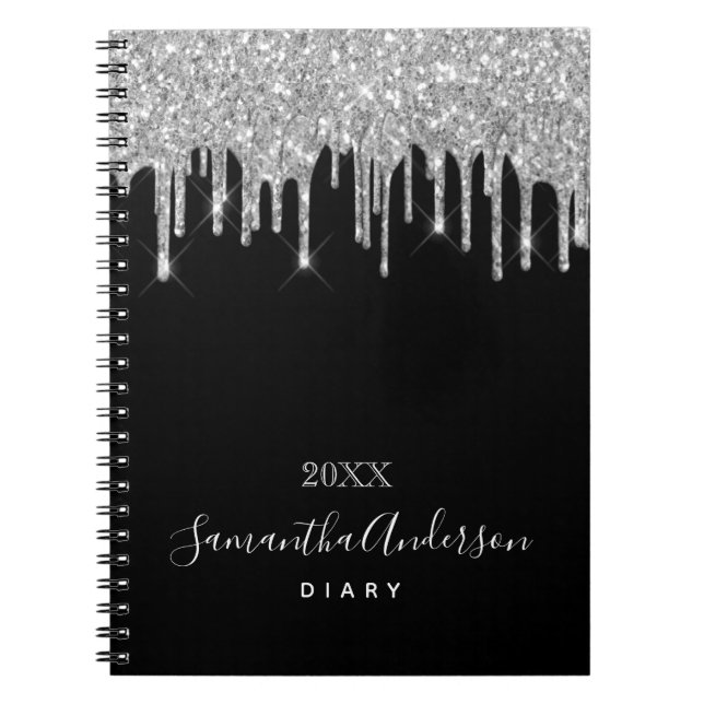 Diary black silver glitter drips name script notebook (Front)