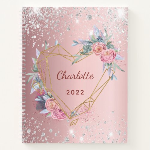 Diary blush pink floral silver glitter notebook