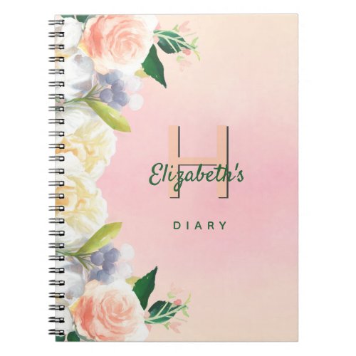 Diary blush pink flowers white name monogram notebook
