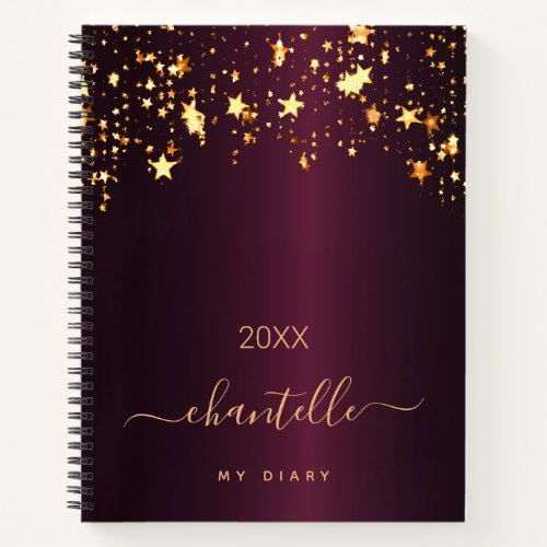 Diary burgundy gold stars monogram name modern notebook