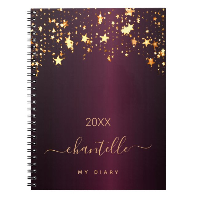 Diary burgundy gold stars monogram name modern notebook (Front)